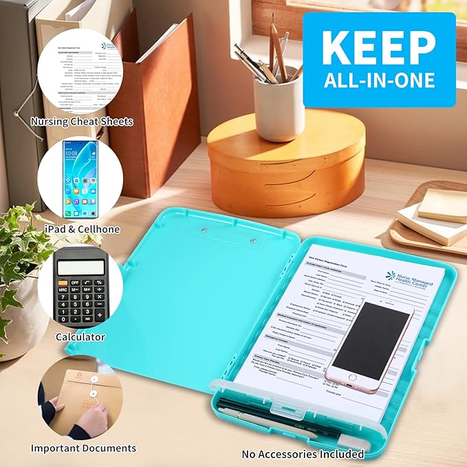 Clipboard with Storage, Large Capacity Nursing Clipboards with Low Profile Clip, Heavy Duty Plastic Storage Clipboard with Pen Holder, Side-Opening, Multifunctional Clipboard Case for Writing