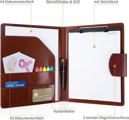 PU Leather Padfolio,A4 Leather Folder Binder Storage Clipboard with Magnetic Closure Cover,Business Resume Folder with Luxury Pen,Notepads,Sticky Tabs for Interview,Conference,Gift Portfolios (Brown)