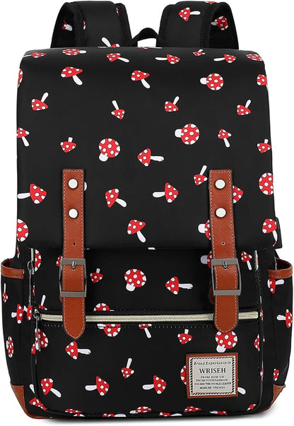 Vintage Travel Laptop Backpack with USB Charging Port, Business Outdoor Sports Bag for Men Women.(Mushroom)