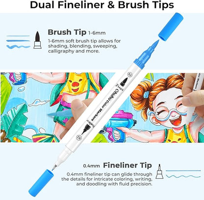 Ohuhu Markers for Adult Coloring Books No Bleeding 120 Colors Water-based Dual Tips Fineliner & Brush Coloring Markers for Kids Adults Beginners Drawing Pens for Journaling Lettering - Maui - White