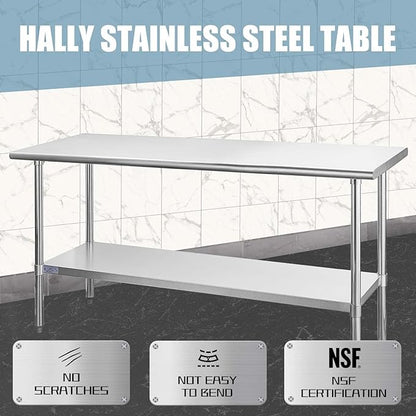 HALLY Stainless Steel Table for Prep & Work 24 x 72 Inches, NSF Commercial Heavy Duty Table with Undershelf and Galvanized Legs for Restaurant, Home and Hotel