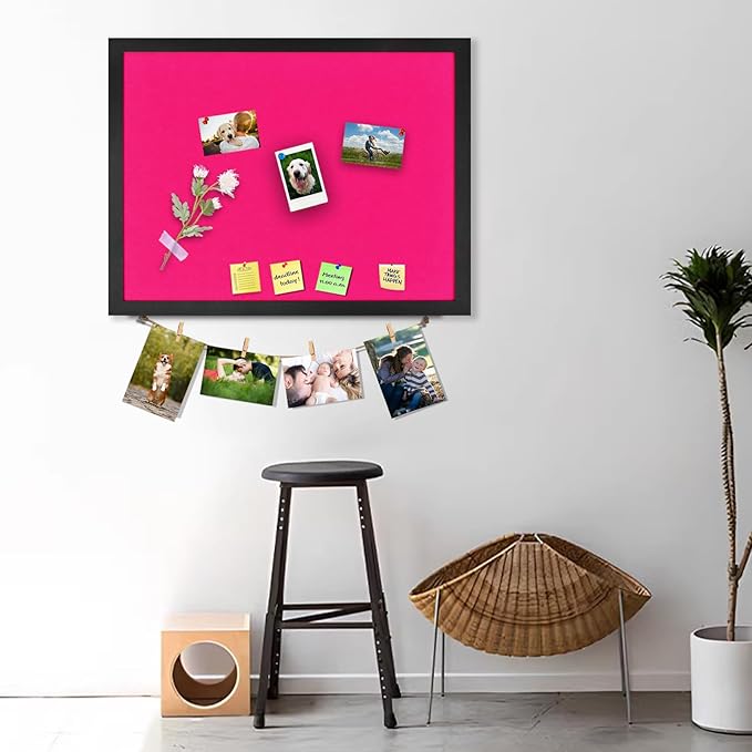 Pink Bulletin Boards Cork Board with Felt, 17"x13" Small Display Pin Board Vision Board for Walls, Jewelry, Notes, Collection, Photos, Office, Wood Framed(Black) & Felt(Pink), 1pc