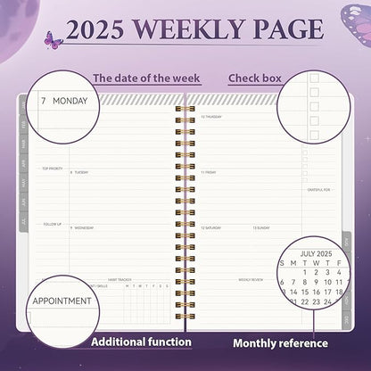 2025 Planner Weekly & Monthly Agenda Book, Daily Planner Hardcover, 2025 To Do List Notebook with Monthly Tabs, Pocket, Spiral Bound, Elastic Closure, Thick Paper(7.5 * 10.2) Butterfly
