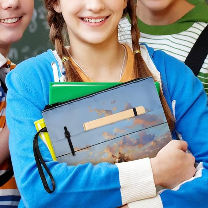 COEQINE Horses Themes Large Black Book Cover Case Zippered Organizer for School Teacher Student Hardcover Book Sleeves Cover with Pen Holder Beach Horse Sunset Pattern Book Sleeves