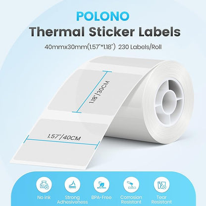POLONO Thermal Labels for PM220S Label Maker, 1.57"x1.18" (40x30mm), Multi-Purpose Thermal Sticker Label Tape, Self-Adhesive Thermal Paper for Home, Office, 230 Labels/1Roll, Clear