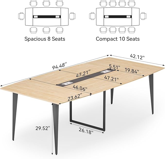 LITTLE TREE 8FT Conference Room Table, 94.48L x 47.21W x 29.52H Boat Shaped Meeting Table, Light Walnut