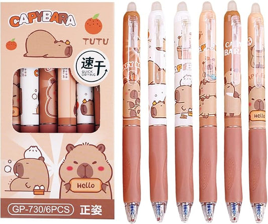 6 Pcs Erasable Gel Pens Capybara Erasable Retractable Cute Pens Cartoon Capybara Pens 0.5mm Blue Ink Pen Office School Pens Women Girls Boys Pens (Blue Ink-Capybara)