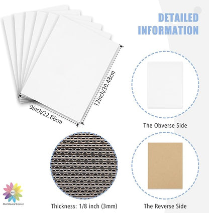 Mat Board Center, 25 pack 9x12 Corrugated Cardboard sheet, 1/8 inch thick, Flat Cardboard Inserts for Mailing, Packaging & Shipping, Cardboard Backing, Craft Card Board (White on one side)