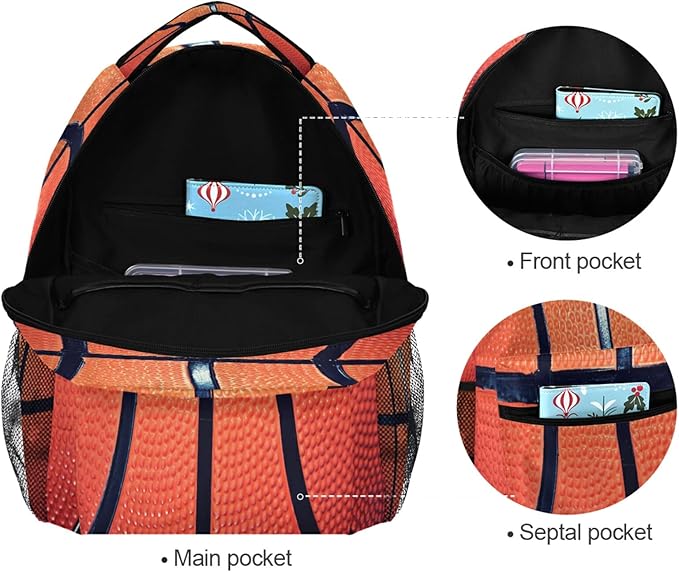 Sports Ball Basketball Texture Theme School Backpack for Teens Girls Kids Boys, Women Men Adult 15 in Laptop Backpack Casual Elementary Student College Bookbag Travel Hiking Camping Daypack