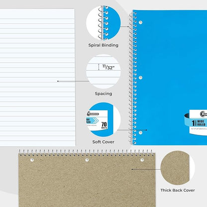 Spiral Notebooks, 24 Pack, 1 Subject Notebook, Wide Ruled, 70 Sheets, 8 x 10-1/2", 3 Hole Punched, Bulk Single Subject Spiral Notebook Bulk, School Supplies, Assorted Colors Pack of Notebooks