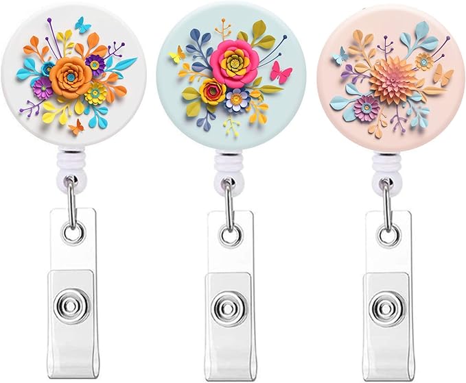 Retractable ID Badge Holder Nurse Badge Reels with Clip Name Card Holders for Office Worker Doctor Nurse 3Pack Pretty Flowers