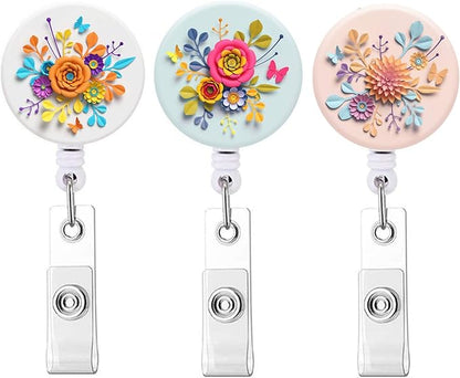 Retractable ID Badge Holder Nurse Badge Reels with Clip Name Card Holders for Office Worker Doctor Nurse 3Pack Pretty Flowers