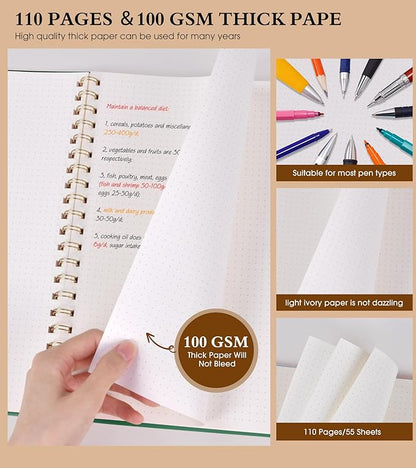 Dotted Notebook, Spiral Notebook Journal 8.5” x 11”, A4 Large Dot Grid Notebooks for Women Men, 100 GSM Dotted Paper, Plastic Hardcover Spiral Bullet Dotted Journals for Work School Sketching, Green