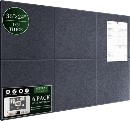 Large Cork Bulletin Board for Wall 36"x24", 6 Pack Felt Wall Tiles with 50 Pushpins, 30 Safe Removable Adhesive Tabs, Decorative Pin Board Tack Board for Office Home School, Dark Gray