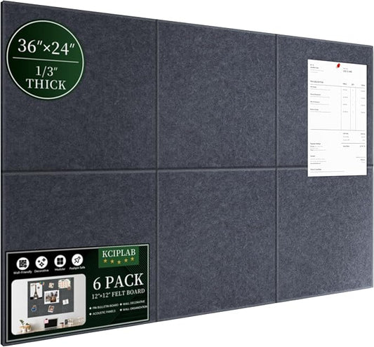 Large Cork Bulletin Board for Wall 36"x24", 6 Pack Felt Wall Tiles with 50 Pushpins, 30 Safe Removable Adhesive Tabs, Decorative Pin Board Tack Board for Office Home School, Dark Gray