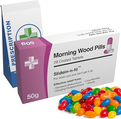 Morning Wood Pills Joke - Edible Candy - Funny Xmas Gag Gift for Old Men, Boyfriend, Husband, Groom - Hilarious Rude Prank - Unique Inappropriate Joke Gift