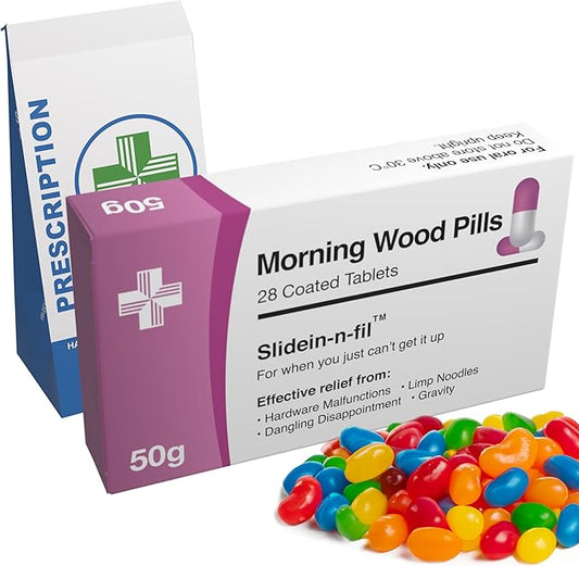 Morning Wood Pills Joke - Edible Candy - Funny Xmas Gag Gift for Old Men, Boyfriend, Husband, Groom - Hilarious Rude Prank - Unique Inappropriate Joke Gift