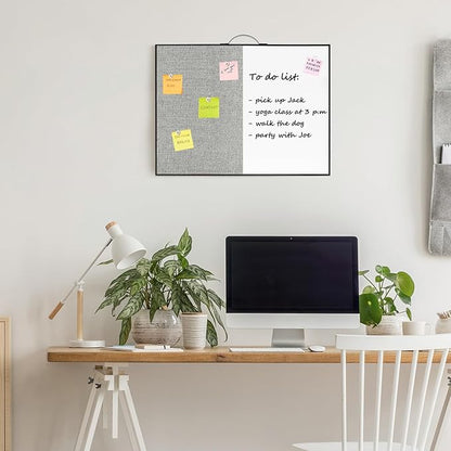 Small White Board Cork-Board Combo - 16 X 12 inches Gray Linen Board & Magnetic Dry Erase Board for Wall, Mini Bulletin Cork Board with Holder for Office, Home and School