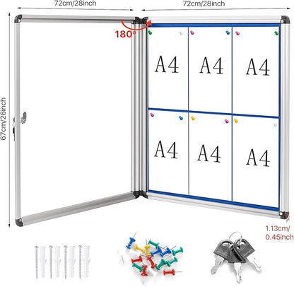 Swansea Blue Fabric Lockable Noticeboard Enclosed Pin Bulletin Board Glass Display Case for Wall Office School 6xA4