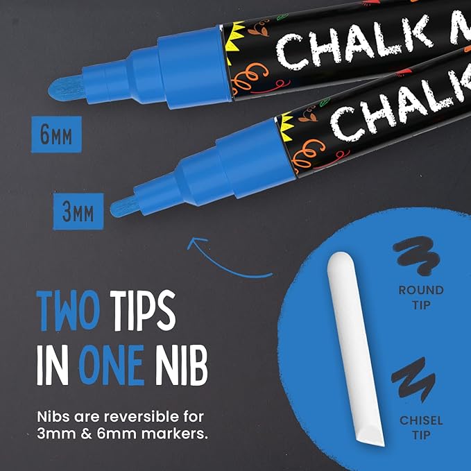 5 Blue Chalkboard Chalk Pens - Blue Dry Erase Markers for Blackboard, Chalkboard Signs, Windows, Glass | Variety Pack - Fine & Jumbo Size Ink Pen (1mm, 3mm, 6mm, 10mm, 15mm)