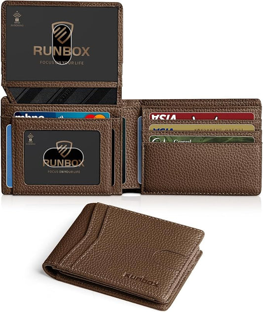 RUNBOX Wallet for Men Slim Rfid Leather 2 ID Window With Gift Box