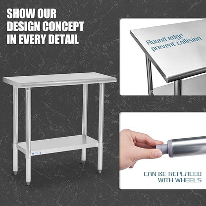 Hally Stainless Steel Table for Prep & Work 18 x 36 Inches, NSF Commercial Heavy Duty Table with Undershelf and Galvanized Legs for Restaurant, Home and Hotel