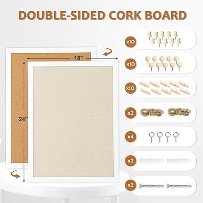Double-Sided Large Cork Board with Linen, 24" x 18" Hanging Wood Framed Bulletin Board, Picture Display Vision Board Corkboards for Wall Room School Office Decor, 20 Pushpins,1pack