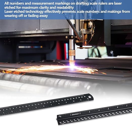 Architectural Scale Ruler with Straight Ruler, 12 Inches Imperial Measurements, Blcak Laser-Etched Aluminum Architect Triangular Ruler for Architects, Engineers, Architects, Students and Draftsman