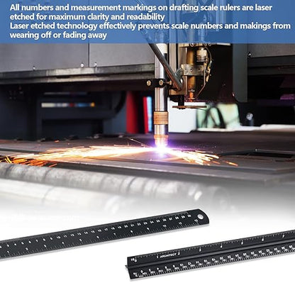 Architectural Scale Ruler with Straight Ruler, 12 Inches Imperial Measurements, Blcak Laser-Etched Aluminum Architect Triangular Ruler for Architects, Engineers, Architects, Students and Draftsman