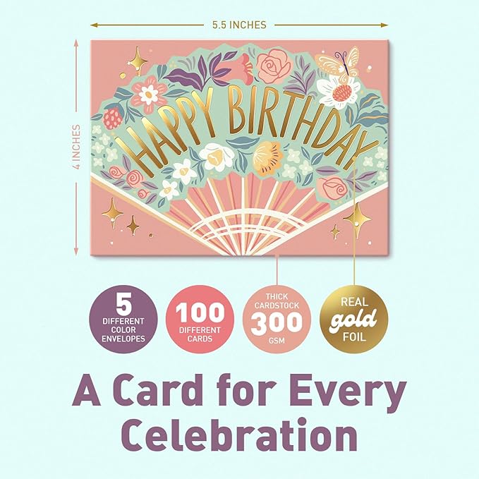 S&O Box of Happy Birthday Cards with Envelopes - 100 Unique Memorable Birthday Cards with Envelopes - Colorful Important Day Notes Bulk for Office & Home - Assorted Occasion Greetings - 4x5.5”