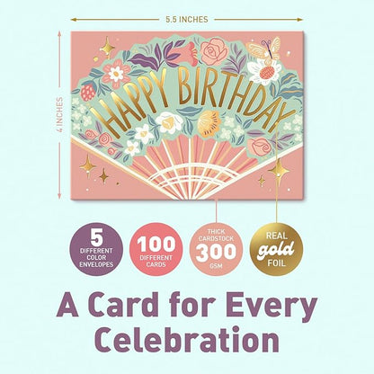 S&O Box of Happy Birthday Cards with Envelopes - 100 Unique Memorable Birthday Cards with Envelopes - Colorful Important Day Notes Bulk for Office & Home - Assorted Occasion Greetings - 4x5.5”