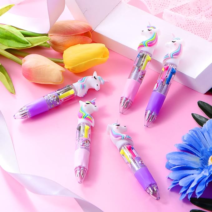 Chinco 12 Pieces Retractable Unicorn Pens 4-in-1 Multicolor Ballpoint Pen Unicorn Candy Party Favor Colored Ink Mini Party Favors for Girls Kids Classroom Prizes Birthday Gifts(Unicorn Style)