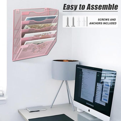 EASEPRES 5 Pocket Mesh Hanging Wall File Organizer, Wall Mounted Mail Paper Document Folder Holder, Clipboard Storage Organization Magazine Rack with Nametag Label for Office Home School, Pink