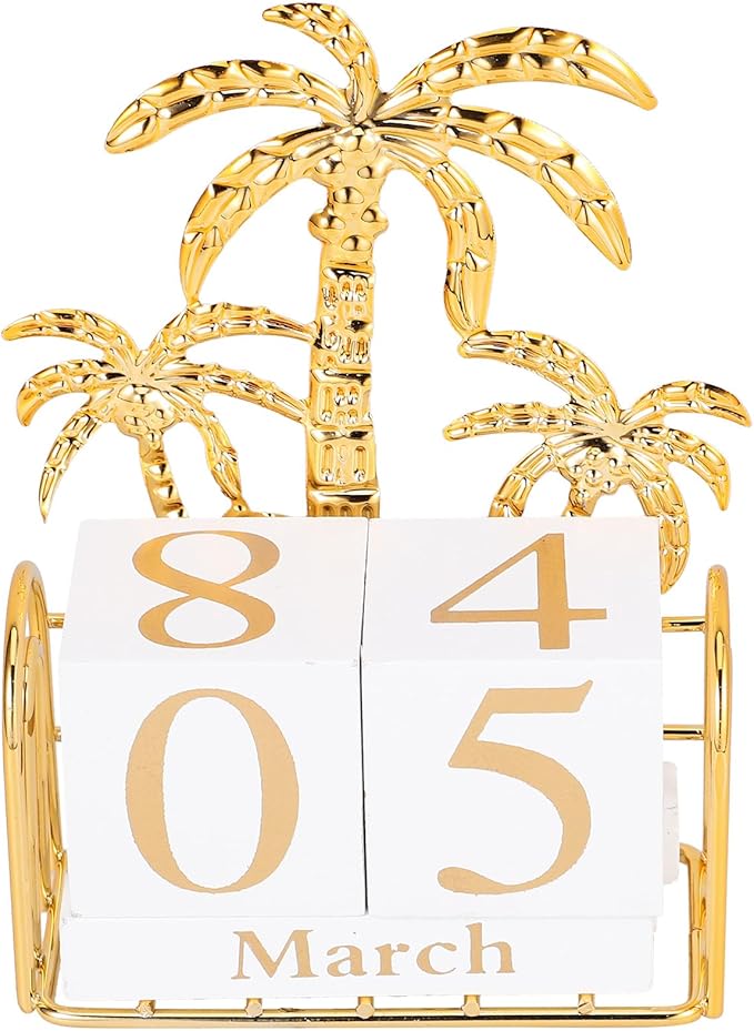 SUPVOX Wooden Block Calendar for Desk Daily Desktop Perpetual Calendar Wood Month Date Display Blocks Farmhouse Desk Accessories for Home Office Decor Reusable Yearly Coconut Tree Design