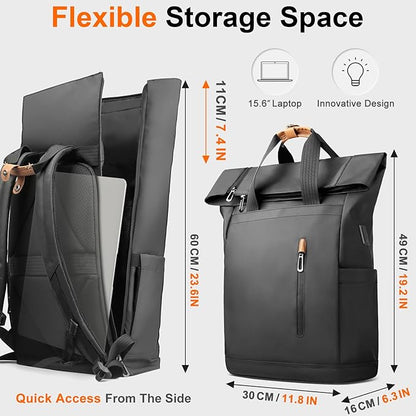 Roll-Top Laptop Backpack for 15.6" Laptop, 28L Capacity with USB Port, Expandable & Waterproof, Urban Style for Men & Women, Ideal for Work, University, Travel, and Shopping (Black)