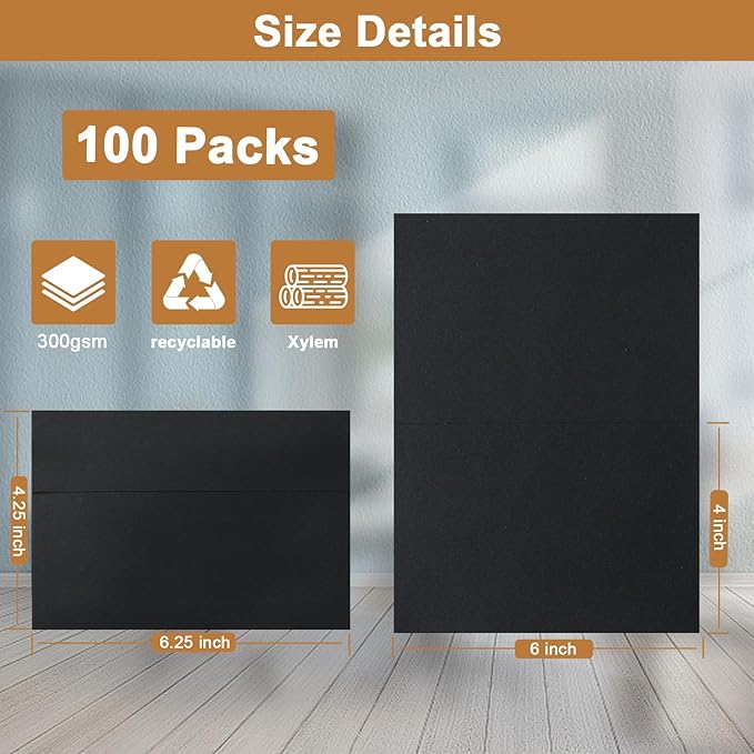 100 Packs Blank Black Greeting Cards and Envelopes 4 x 6 Heavyweight Folded Cardstock and A4 Envelopes Printable Self Seal for Thank You Cards, DIY Wedding Invitations, Baby Shower