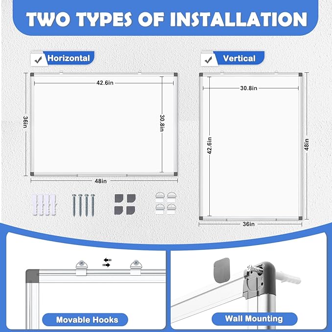 WALGLASS Large Whiteboard, 48" x 36" Double-Sided Large Dry Erase White Board for Wall, Hanging Whiteboard with Silver Aluminium Frame for Home, School, Office, Kitchen