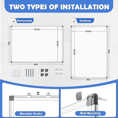 WALGLASS Large Whiteboard, 48" x 36" Double-Sided Large Dry Erase White Board for Wall, Hanging Whiteboard with Silver Aluminium Frame for Home, School, Office, Kitchen