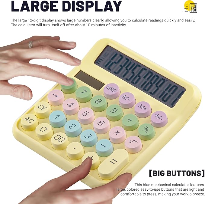 Golcellia Calculators Desktop, Yellow Mechanical Calculator, Cute Calculator 12 Digit Desk Basic Calculator Large Display, Dual Power Solar Battery, Office Home School Supplies for Adults & Students