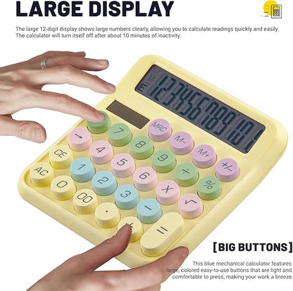 Golcellia Calculators Desktop, Yellow Mechanical Calculator, Cute Calculator 12 Digit Desk Basic Calculator Large Display, Dual Power Solar Battery, Office Home School Supplies for Adults & Students