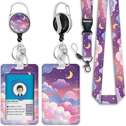 Giancomics Lanyards for Id Badges, Colorful Clouds ID Badge Holder with Retractable Reel, Lanyard with Keychain Clip Name Tag Cute Card Holder for Teacher Women Work Office