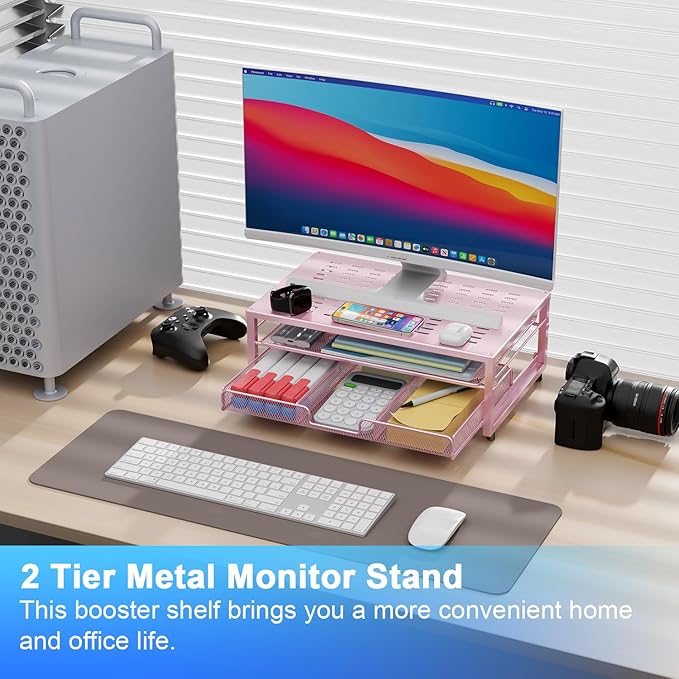 gianotter Computer Monitor Stand Riser, office organizer with Drawer, Office Organizers Storage for Classroom Office Supplies (Pink)