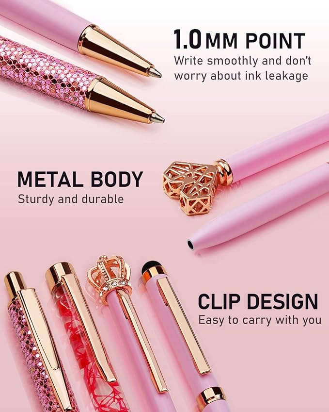WEMATE 8Pcs Ballpoint Pens Set Metal Crystal Diamond Glitter for Journaling Pink Pen Bling in Black & Blue Ink Pretty Cute Fancy Gifts for Women Wedding School Office Desk(Pink)