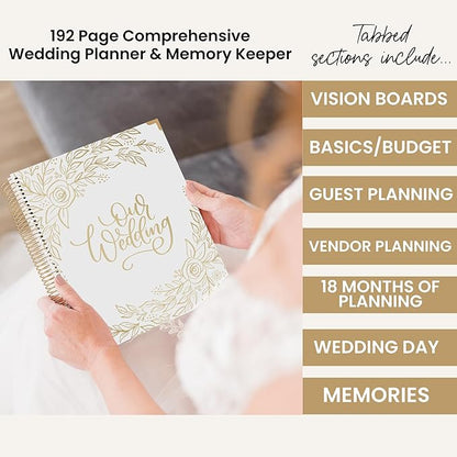 bloom daily planners Hard Cover Wedding Day Planner & Organizer (Undated) - 9" x 11" - Gold Floral
