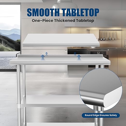 Stainless Steel Table 24 x 36 Inches Metal Prep Table with 2 Adjustable Undershelves & Backsplash, Stainless Steel Work Table for Commercial Kitchen, Outdoor, Restaurant, Hotel & Garage