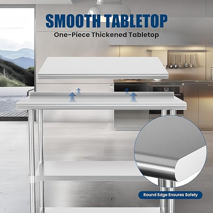 Stainless Steel Table 24 x 36 Inches Metal Prep Table with 2 Adjustable Undershelves & Backsplash, Stainless Steel Work Table for Commercial Kitchen, Outdoor, Restaurant, Hotel & Garage