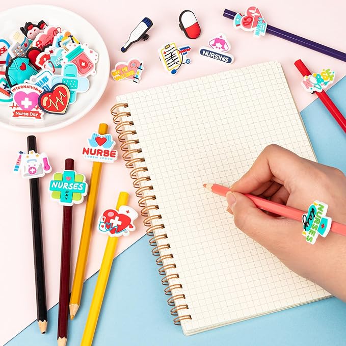 WDAHDHP Nurse Pencil Clips for Kids, 50Pcs Different Pencil Clips Topper, Cute Pencil Charms for Nursing School Students Medical Decor Nurse Week Nurse Day