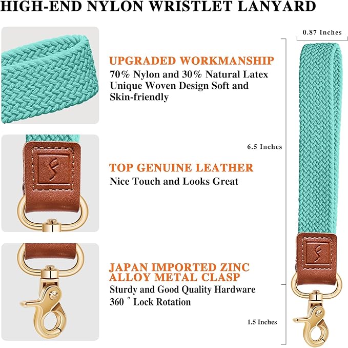 Fishent Stretchy Wristlet Keychain,Braided Cute Wrist Lanyards for Keys, Key Chain Holder for Women Men, Wrist Strap Keychain for Car Keys Phone Camera Wallet ID Badges Card (Lake Blue)