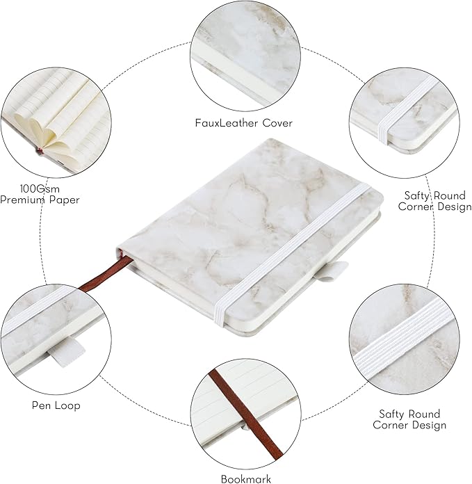 2Pack Pocket Notebook Small Notebook Journal Notebook 4 inches x 5.7 inches 200 Pages Leather Cover With Pen Holder Page Marker Ribbons (Marble)