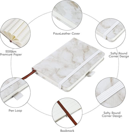 2Pack Pocket Notebook Small Notebook Journal Notebook 4 inches x 5.7 inches 200 Pages Leather Cover With Pen Holder Page Marker Ribbons (Marble)